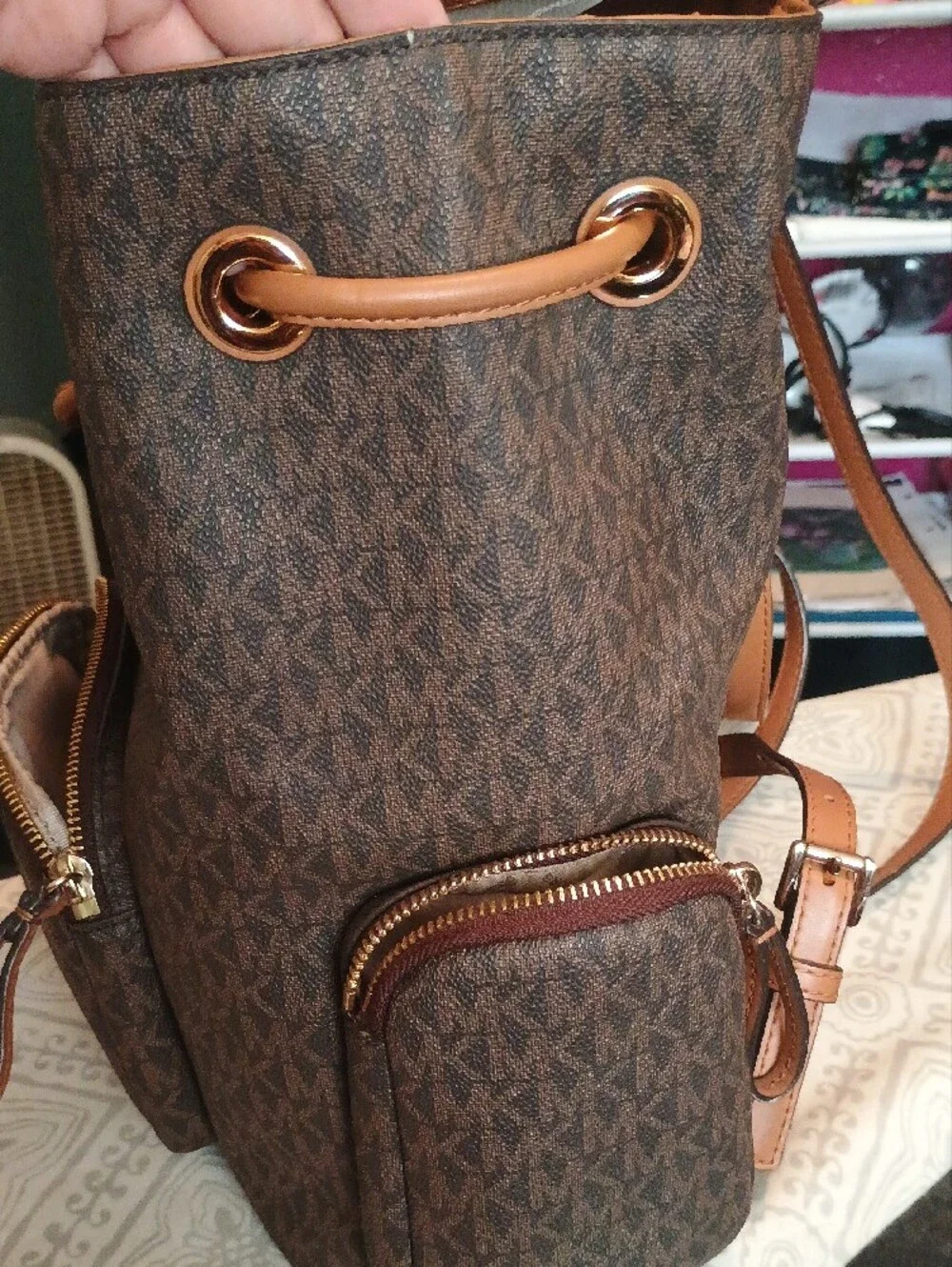 Michael Kors Brown & Tan Logo Backpack with Gold Accents